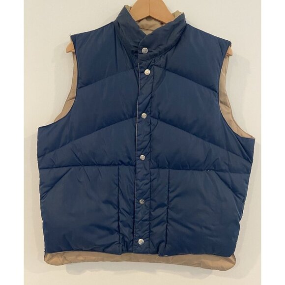Vintage Camel Reversible Vest Nylon Goosedown Navy Blue Tan Large L - Picture 1 of 5